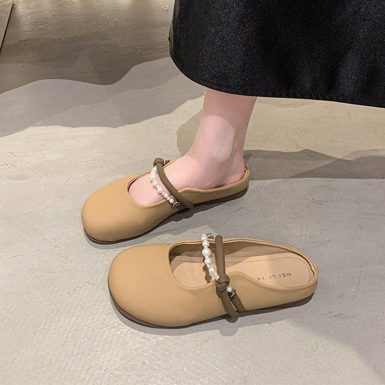 Pearl Bag Head Half Slippers Women's Summer Wear 2025 New Flat Bottom Half Tray Women's Shoes Soft Sole Out French Cool Slippers