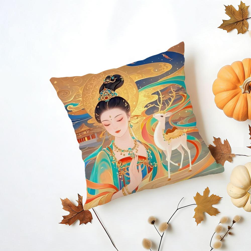 Retro Artist Chinese Dunhuang Art Cushion Cover Washable Linen Pillowcase Soft for Daily Sofa Bed Home Room Decor