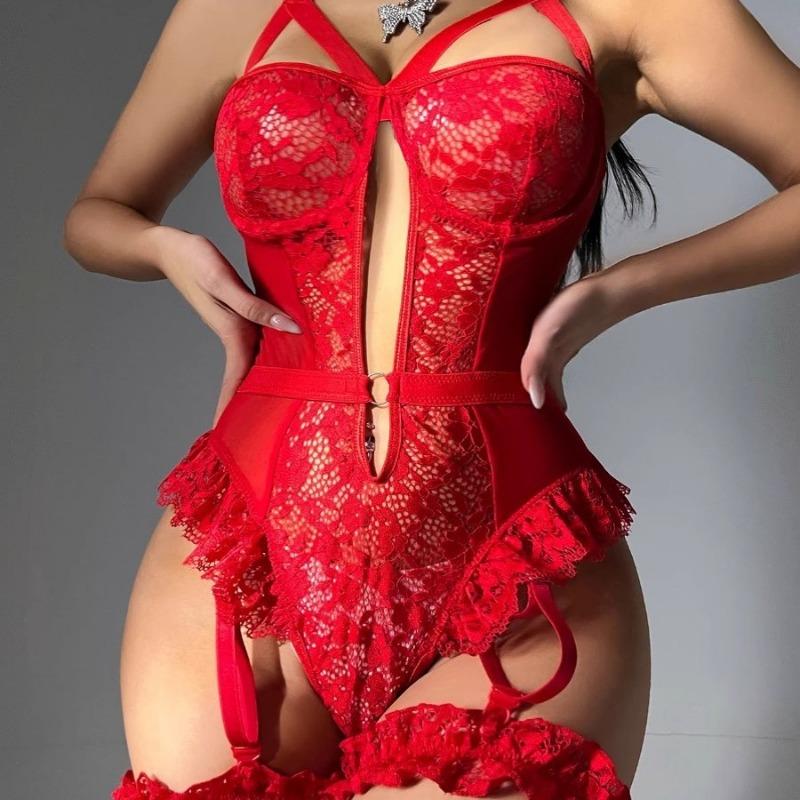 Women Sexy Lace Trim Mesh Strappy Slim Suspender Bodysuit Lingerie Set