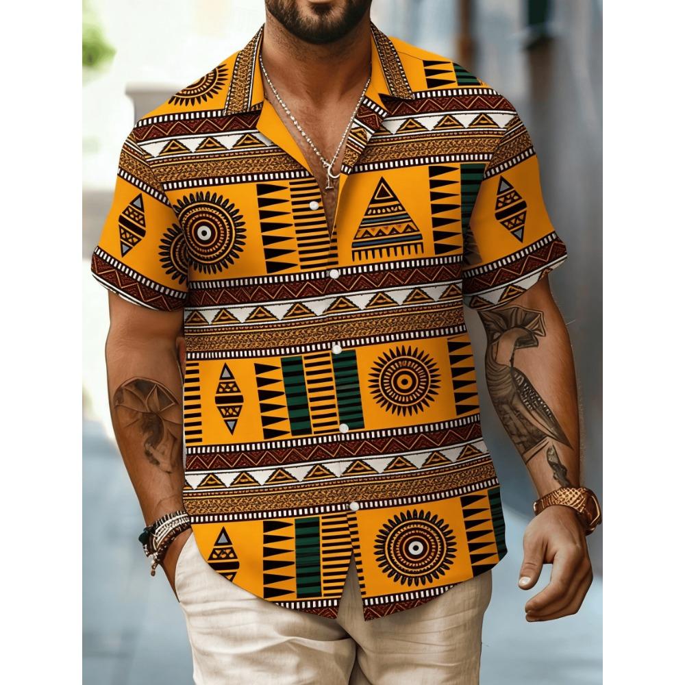 Men's African Tribal Print Short Sleeve Shirt, Geometric Ethnic Pattern
