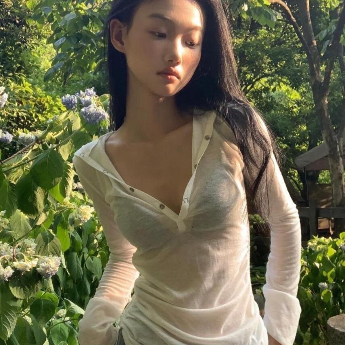 

VAYLA Толстовка с капюшоном Женская одежда Длинный рукав Прозрачная Приталенная Одежда 2000-х Y2k Футболки Женская одежда Шикарные Весенние топы Корейский XL белый