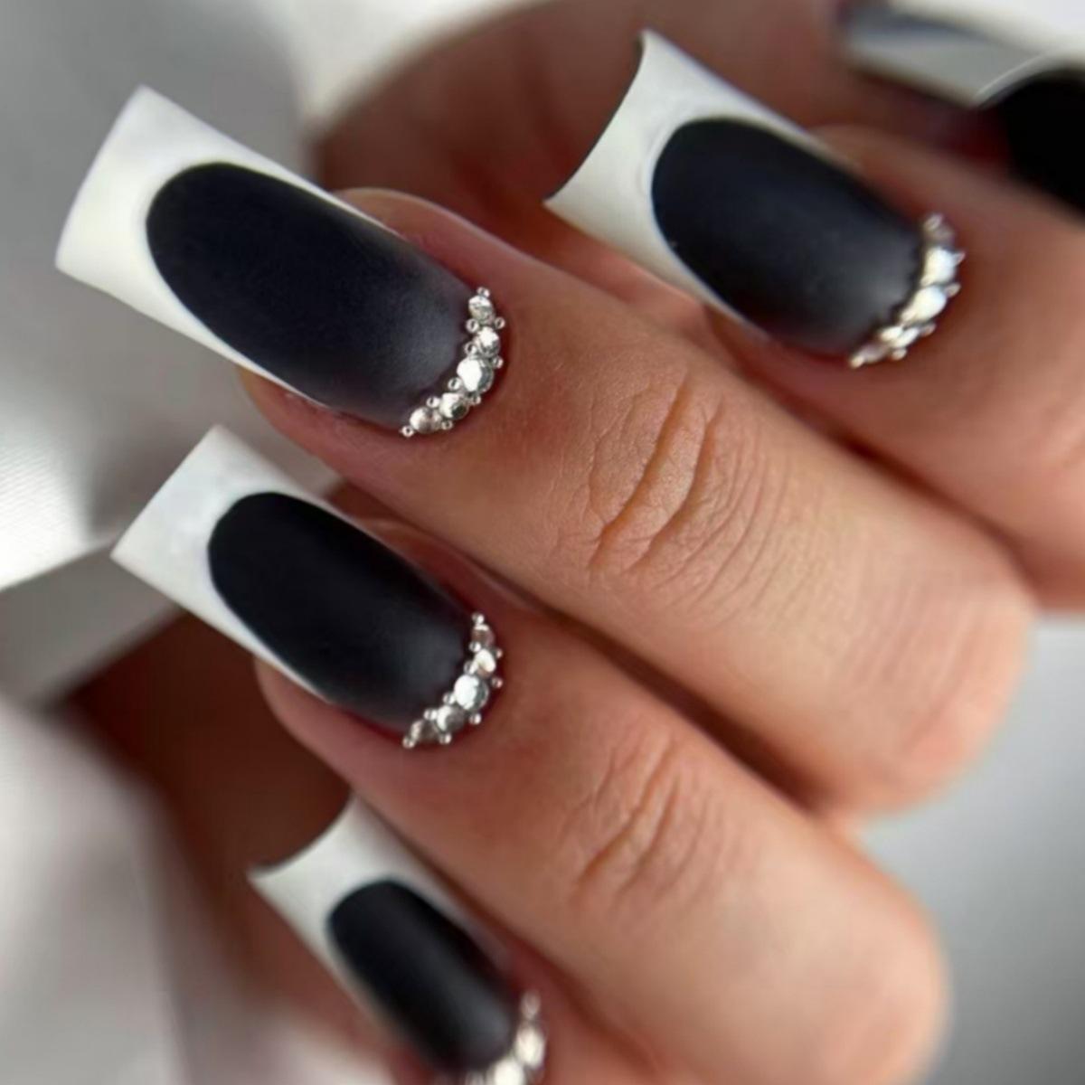 

Black French Manicure Full Diamond Wearable Nail Stickers - 24-Piece Set