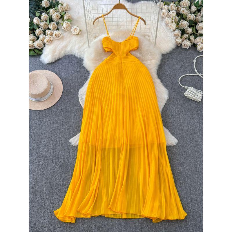 Vacation Style Sexy Sexy Sling Dress Women's Summer New Arrival Tight Waist Slim Backless Stylish Pleated Dress
