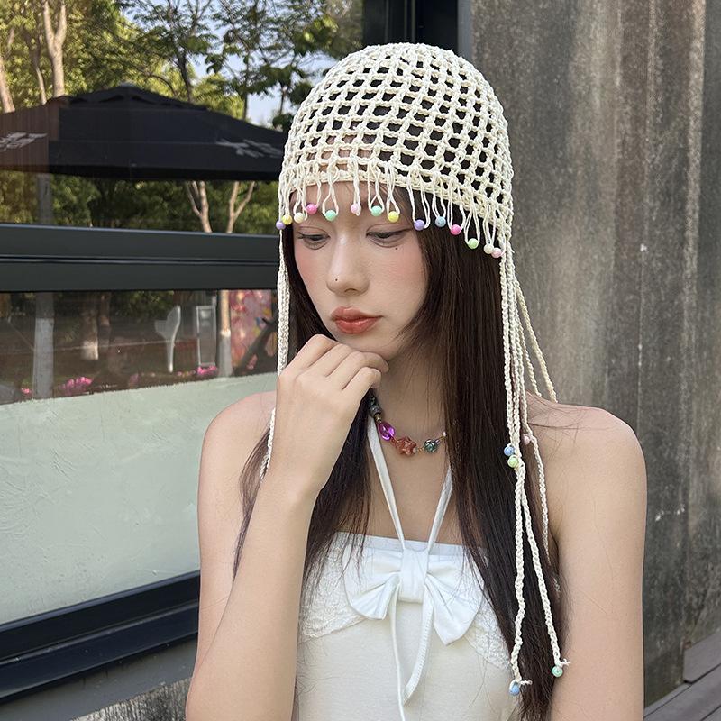 New Colorful Pearl Tassels Baotou Hat Pure Hand Crochet Hollowed Out Ethnic Style Tassels Beach Hat