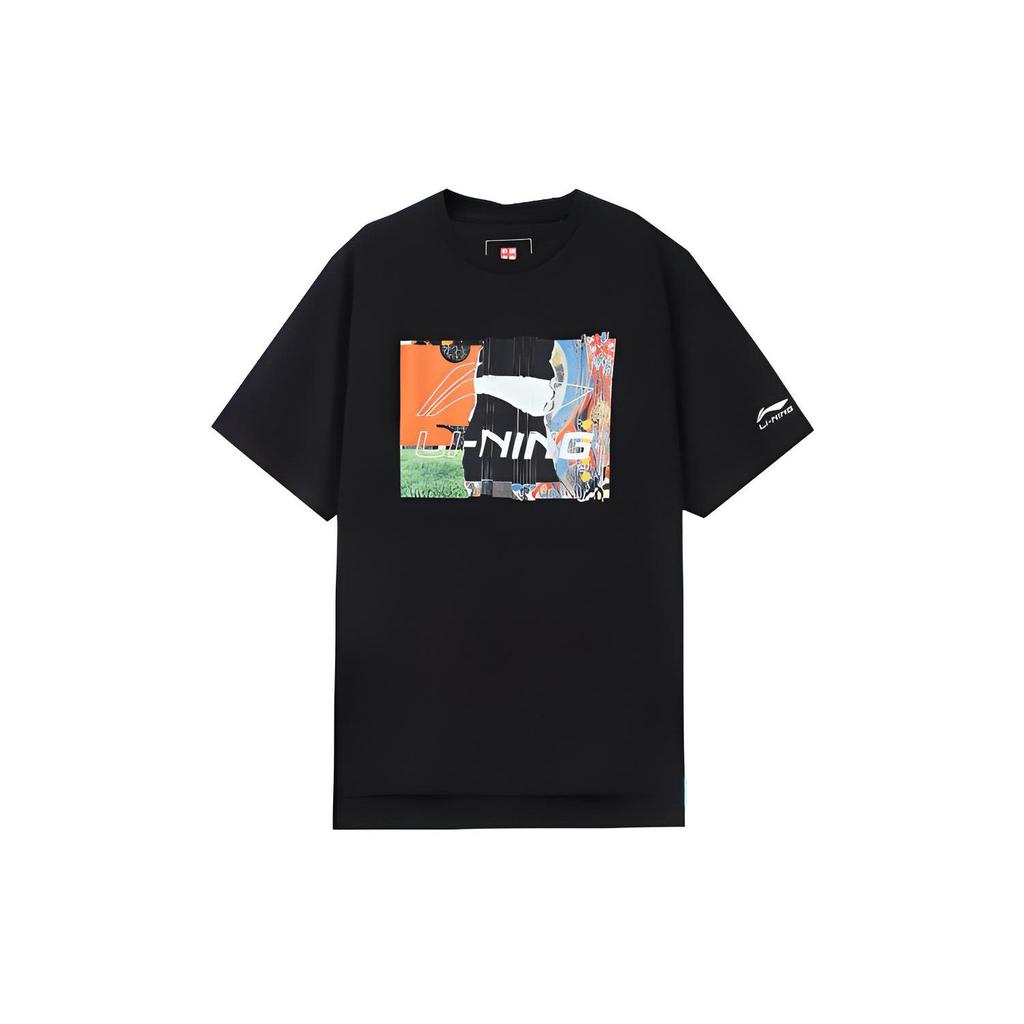 Li-Ning Patterned Letter Print Solid Color Crew Neck T-Shirt Men Tops Black AHSR915-3