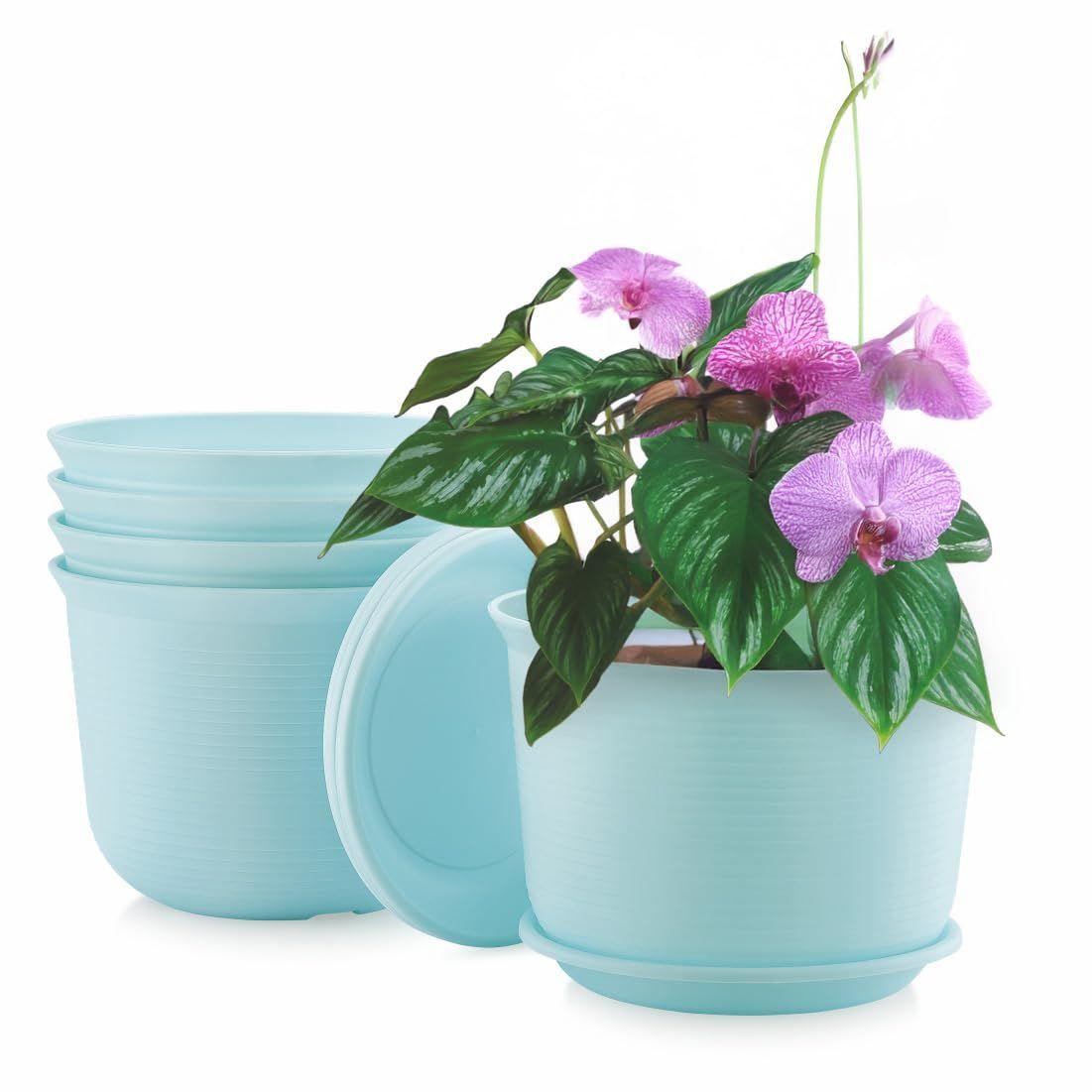 

10 Inch Plastic Round Flower Pots with Tray for Home Planters, Terrace, Garden Etc | Pack of 05 | Blue | for Home Indoor & Outdoor Gardening Plants