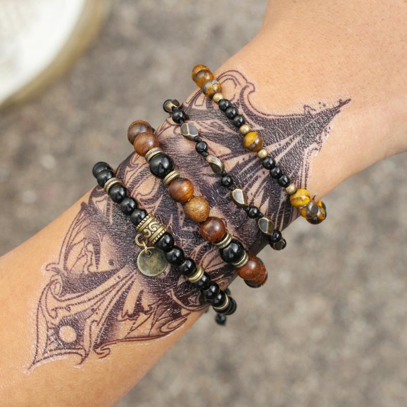 4Pcs Minimalist Natural Stone Beaded Bracelets for Men, Hematite & Tiger Eye & Onyx, Casual Wear Jewelry Gift