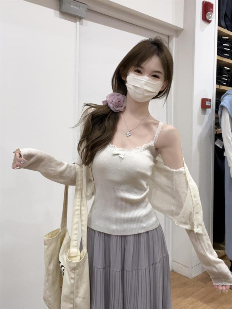Korean Style Summer Sweet Bow Lace Trim Wool-Blend Knit Camisole Vest