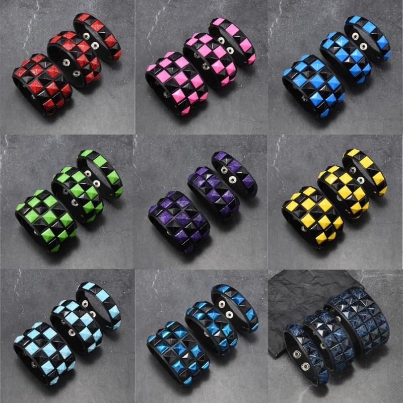 3Pcs Punk Bracelets for Night Activities Square Stud Leather Wrist Chain Comfortable Design Lightweight Wear Bangle