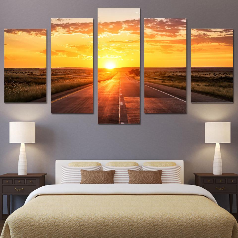 Väggkonst 5 delar Soluppgång Landskapsbilder Solnedgång Highway Posters Canvastavlor Vardagsrum Heminredning HD-utskrifter Ingen ram