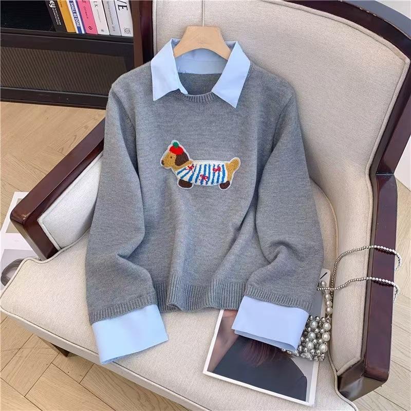 Autumn and winter wear contrasting color long-sleeved sweater top female cartoon dachshund gray fake two-piece shirt collar knitted sweater female