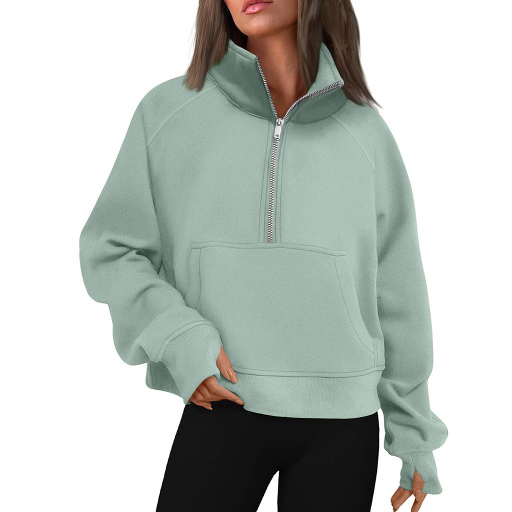 Women's Stand Collar Plus Fleece Solid Color Hoodie Long Sleeve Pocket Loose Half Zip Pullover Hoodie Top
