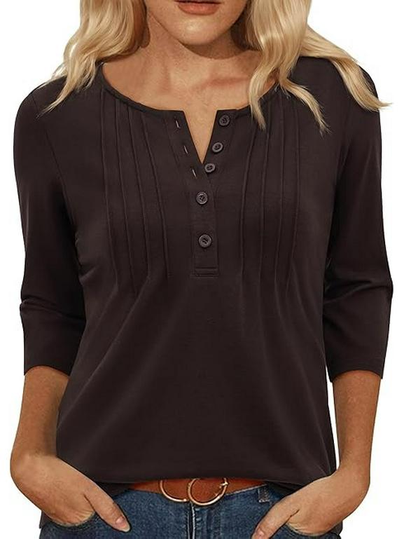 Women's Summer 2025 Fashionable Pleated Mid-Sleeve Top with Low Round Neck.