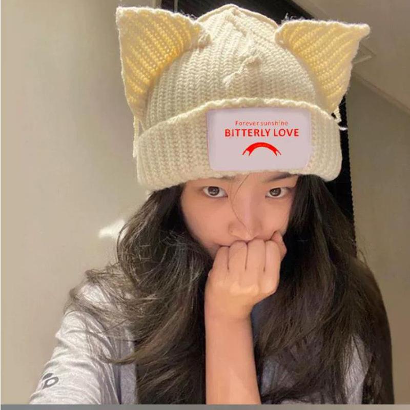 

Niche design personality cute cat ears couple knitted wool hat cute warm autumn and winter hats for men and women
