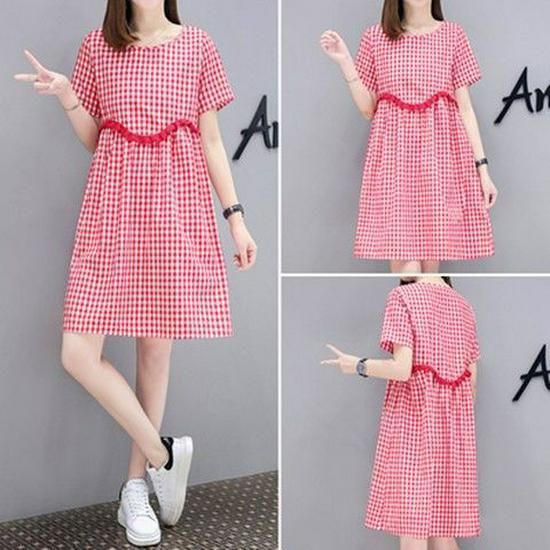 

Корейское платье для беременных больших размеров на лето А-силуэта - свободный фасон в стиле бэби-долл, короткие рукава, модный верх L