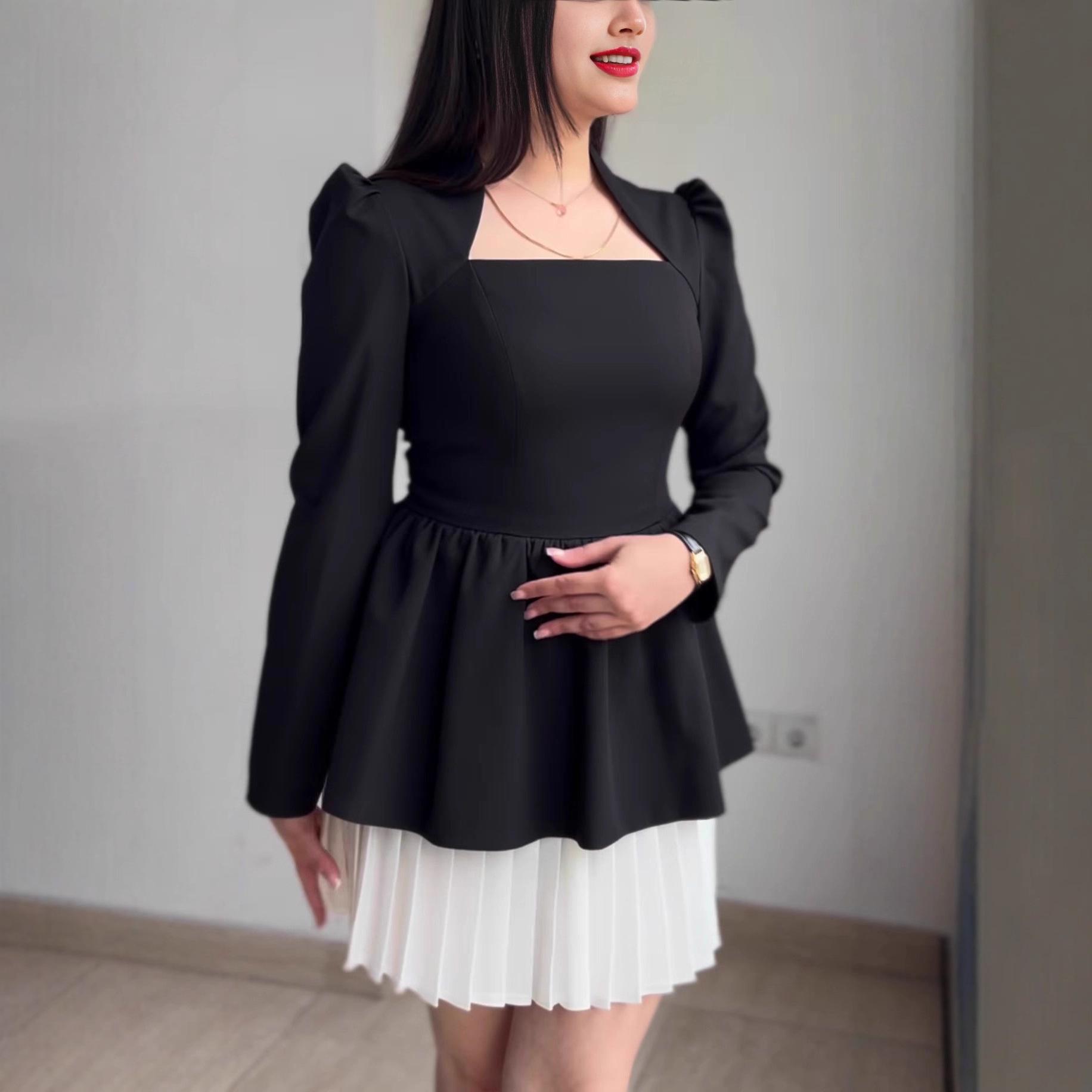 Autumn 2025 Women s Stylish Square Neck Long Sleeve Shirred White Hem Dress Medium чёрный