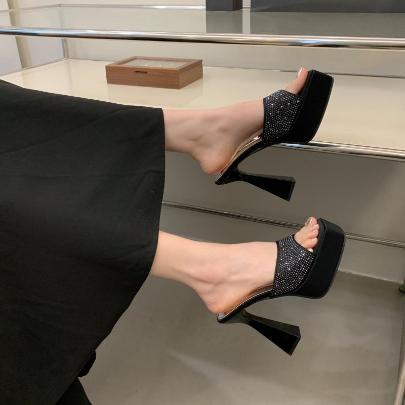 2025 black fashion thick-soled thick-heeled rhinestone decorative sandals women's new summer