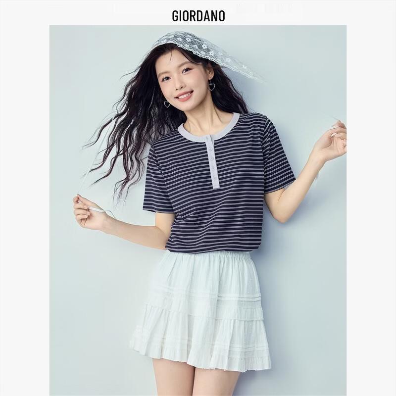 Giordano Women s Striped Colorblock Henley T-Shirt M