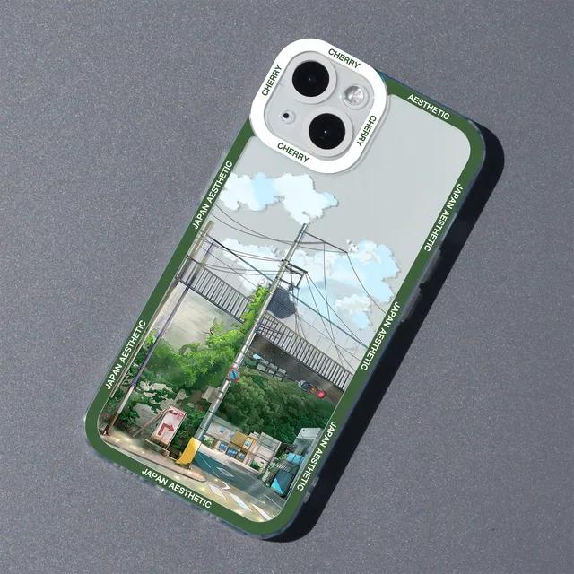 

Мягкий чехол для телефона с японским аниме Cherry Blossom для iPhone 13 12 14 11 Pro Mini X XR XS Max 7 8 Plus SE3 с мультяшным пейзажем For iPhone 13 небесно-голубой