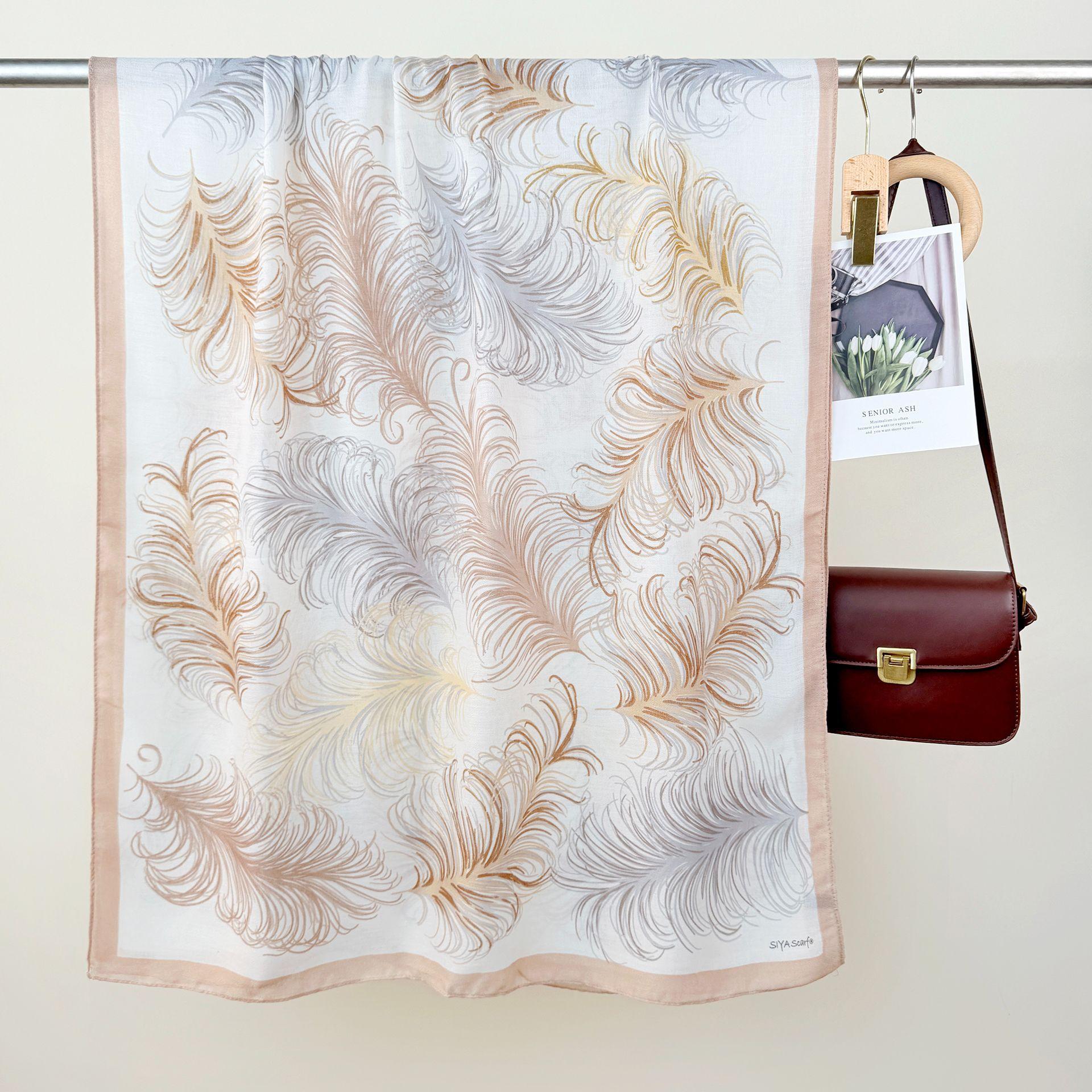 

Cotton and Linen Long Scarf Korean Style Trendy Design Outer Shawl Spring and Autumn Women s Personalized Feather Print Scarf 85*180