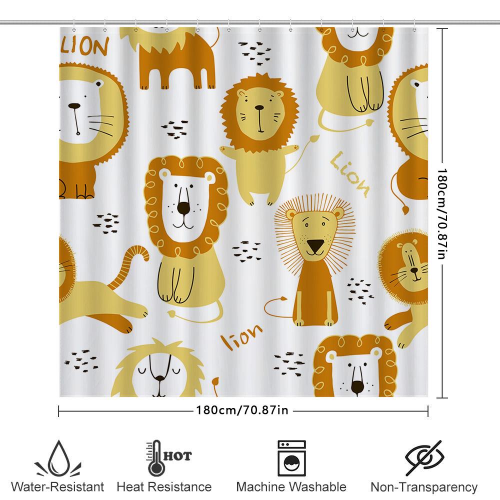 Whimsical Cartoon Lion Family Bath Shower Curtain Set Waterproof Decor