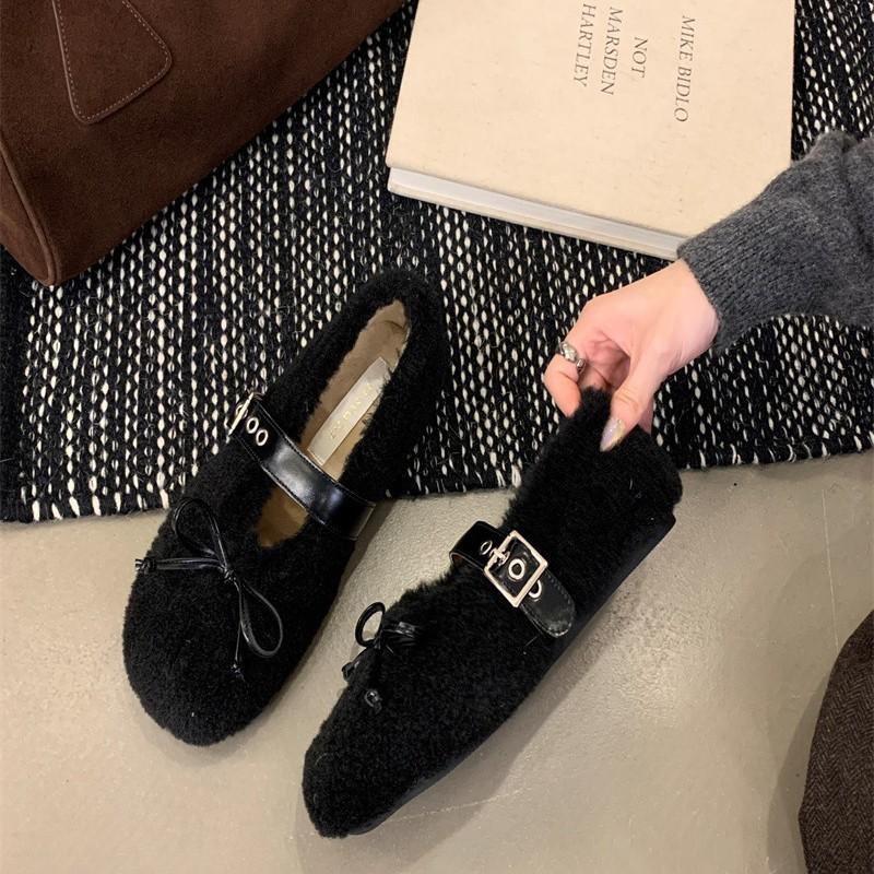 Bow-tie Fluffy Ballet Shoes Women's Winter New Round Head Wool Integrated Casual Warm Thick-soled Flat-soled Single Shoes