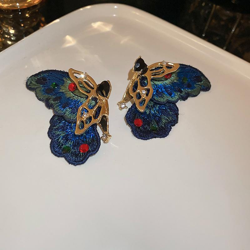 Silver Needle Fabric Flower Glass Fringed Earrings Medium Antique Temperament Stud Earrings Design Sense Niche Earrings