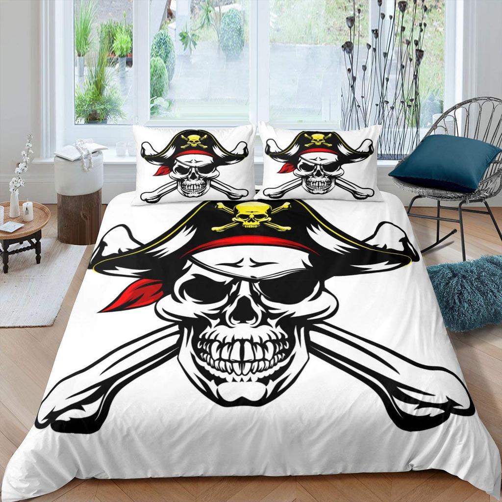 Pirátský povlak na přikrývku Žraločí zátoka Ostrov Tortuga Karibské vody Retro Jolly Roger Hořčicově modrá Dekorace do ložnice Ženy Děti Muži