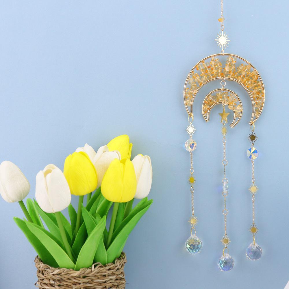 Natural Crystal Moon Pendant Sun Catcher Wind Chime for Home and Garden Decoration