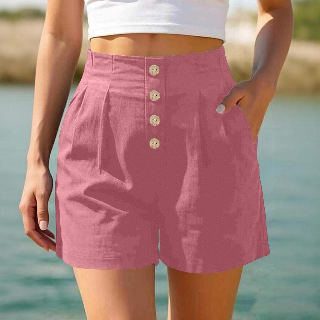 Women High Waist Casual Shorts Button Front Loose Fit Summer Beach Shorts with Pockets for Daily Wear and Relaxed Outings