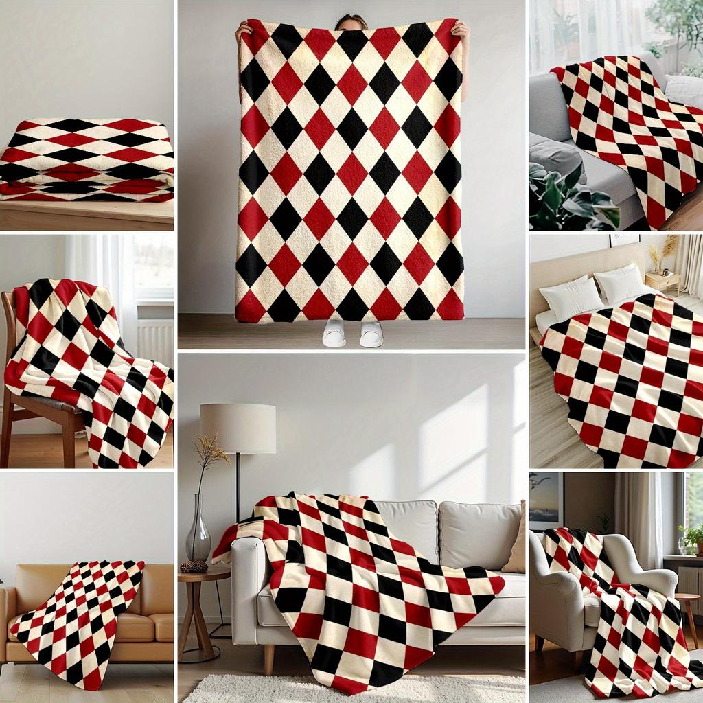 1pc Red Black White Diamond Pattern Flannel Blanket - Soft Warm All-Season Luxury Quilt for Bed, Sofa, Car, Office & Camping - C