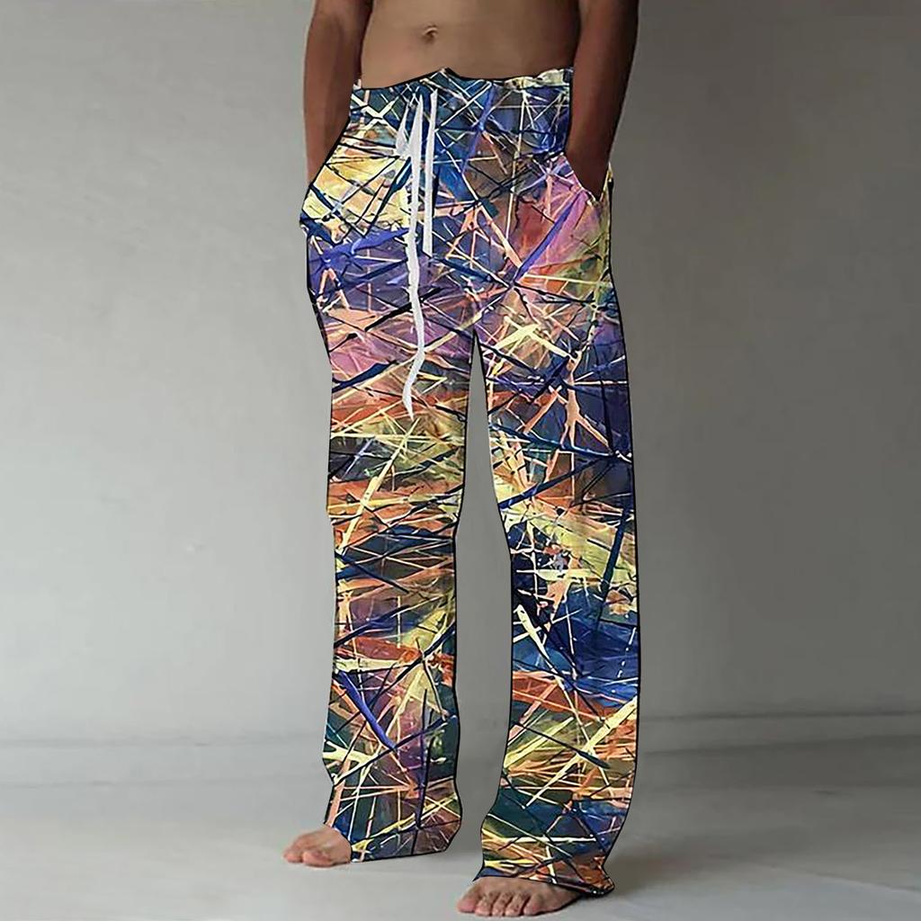 Men's Casual Loose And Comfortable Casual Pants Cotton Linen Printed Drawstring Trousers