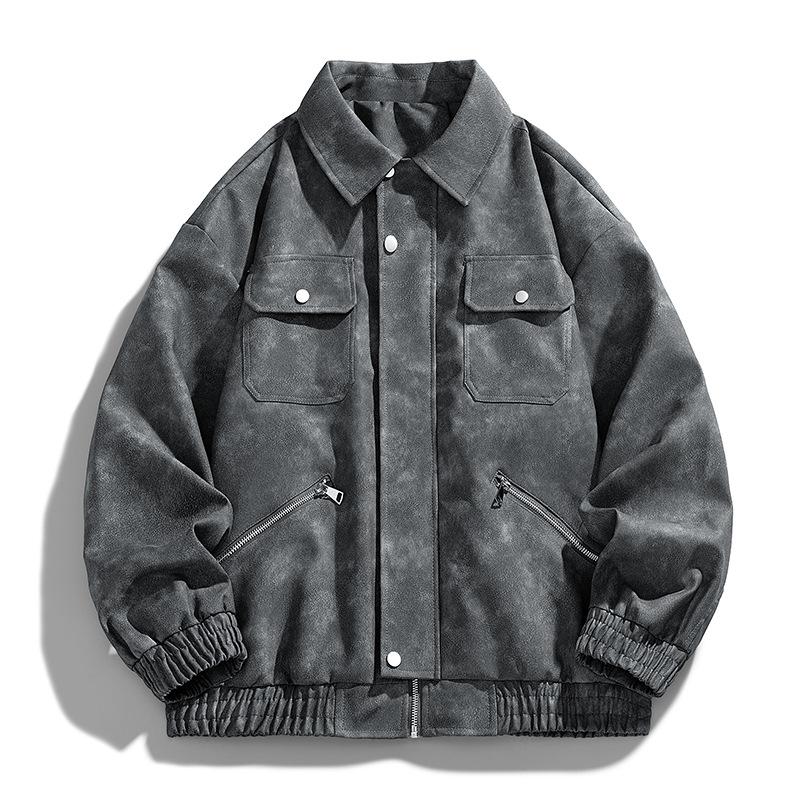 Autumn Maillard retro leather jacket men's loose casual ruffian handsome flight jacket gray black loose casual retro