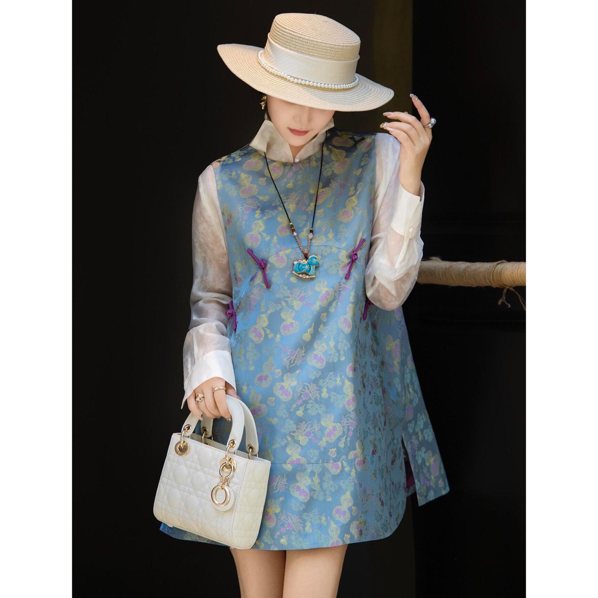 

Rongtai Song Jin Gourd Flower Button Sleeveless Vest Skirt - 2026 Retro National Style Layered Short Skirt XL синій