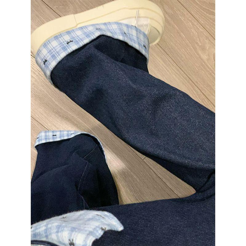 

Plaid Patchwork Jeans for Women, New Spring Model for Plus-Size Girls, High-Waisted, Loose-Fitting, Slimming Straight-Leg Wide-Leg Pants Dark Blue M