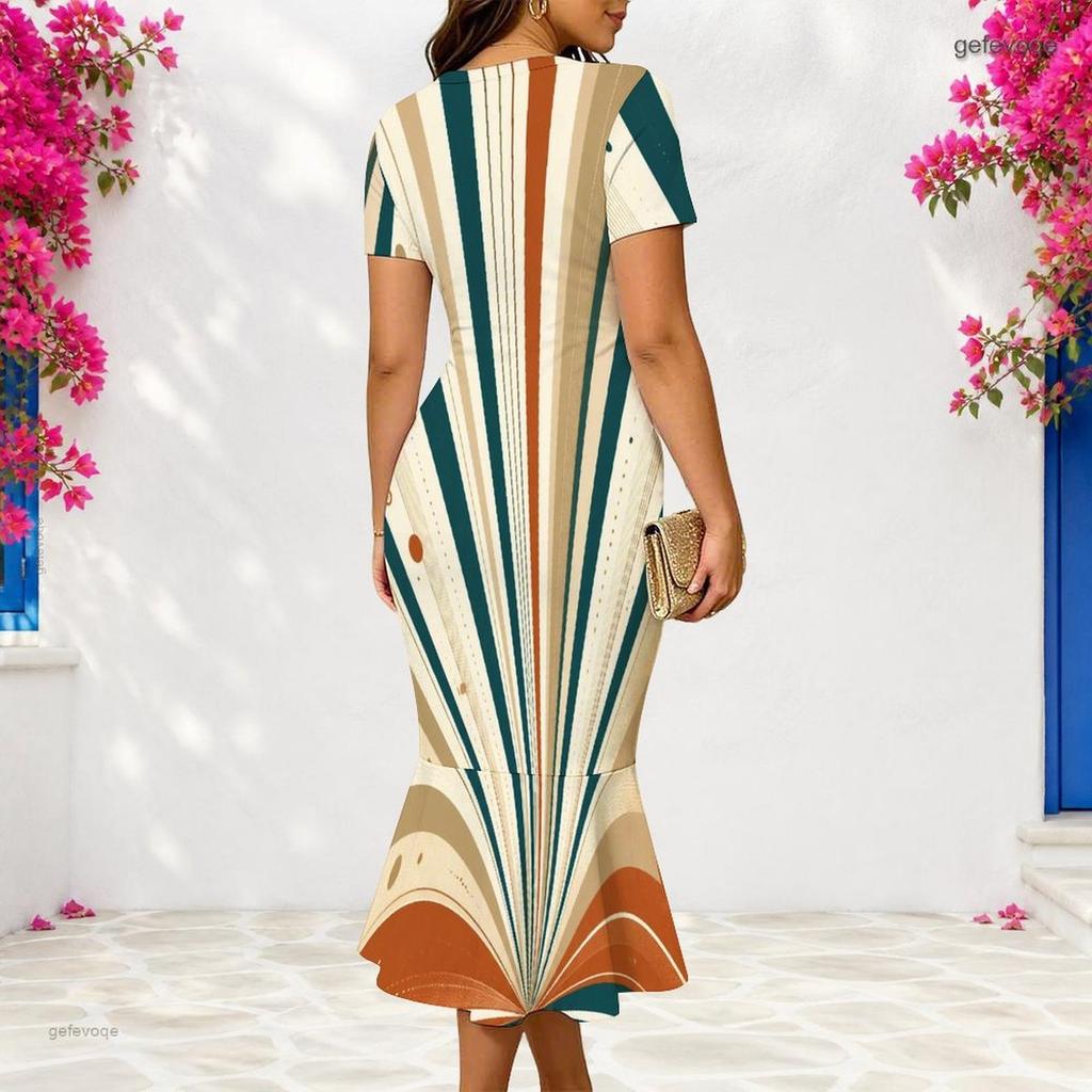 Women Plus Size V Neck Short Sleeve Geometric Printed Fitted Fishtail Dress