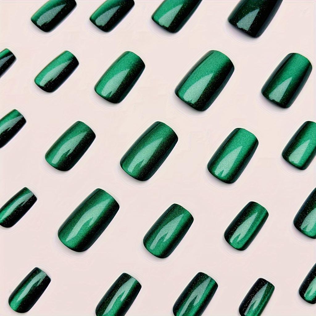 24 ks Smaragdově zelené čtvercové nalepovací nehty s efektem kočičího oka, střední délka, lesklý povrch, sada umělých nehtů