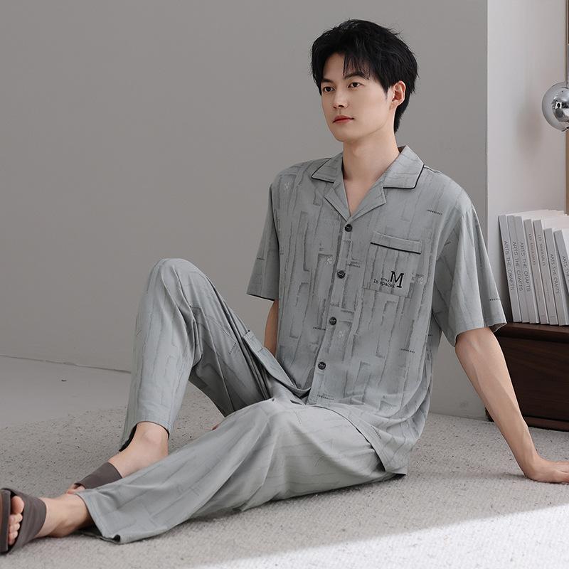 Modal men's pajamas summer thin short-sleeved trousers cold silk cool casual large size dad loungewear set