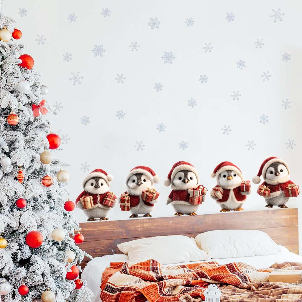 Warm and Cozy Christmas Penguin Wall Sticker with Festive Elements. Self-adhesive and Seamless Sticker.