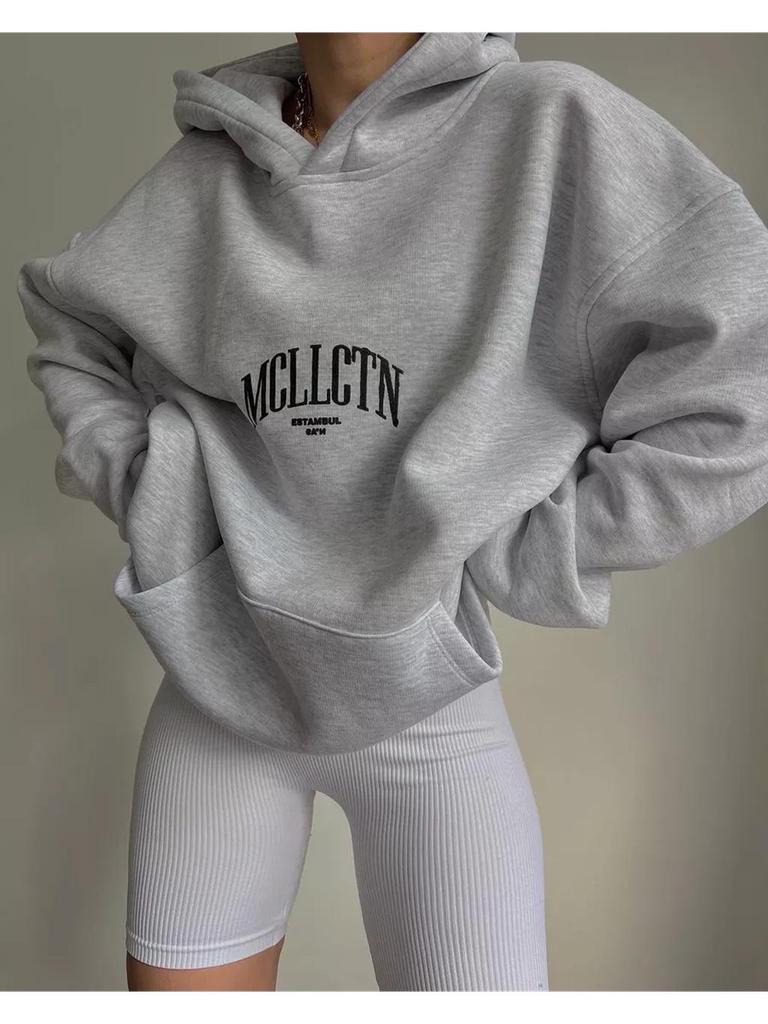 Damska bluza z kapturem i nadrukiem liter, z długim rękawem, na co dzień