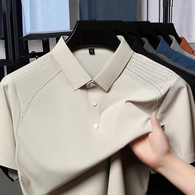 Buz İpek Dikişsiz Kısa Kollu Tişört Erkek Yaka Elastik Serin Üst Orta Düz Renk Günlük Tişört Polo Gömlek
