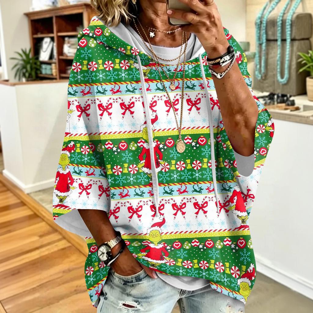 Women's Christmas Print Hooded Sweatshirt with Drawstrings, Loose Fit Casual Pullover Top