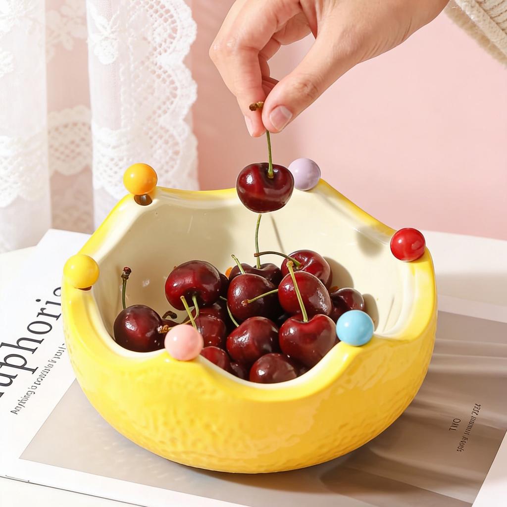 Ceramic Orange Fruit Bowl with Fork, Cute Dessert & Snack Bowl for Fruits and Treats