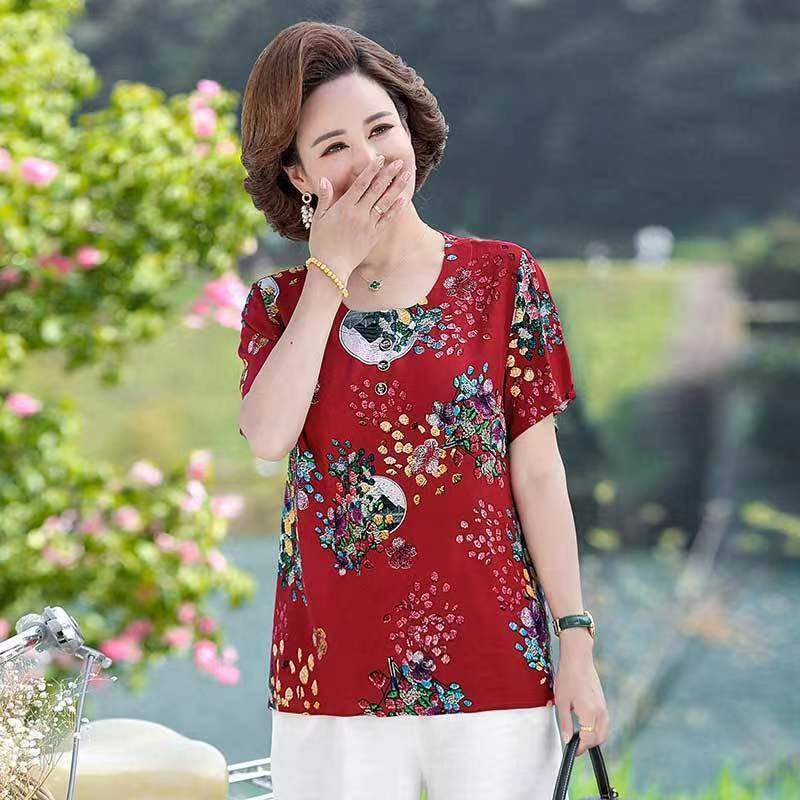 Dámské krátkorukávové s velkým potiskem Ledové hedvábí Krátkorukávové Volné Velké Velikosti Top Trhané Květiny Sto Triček