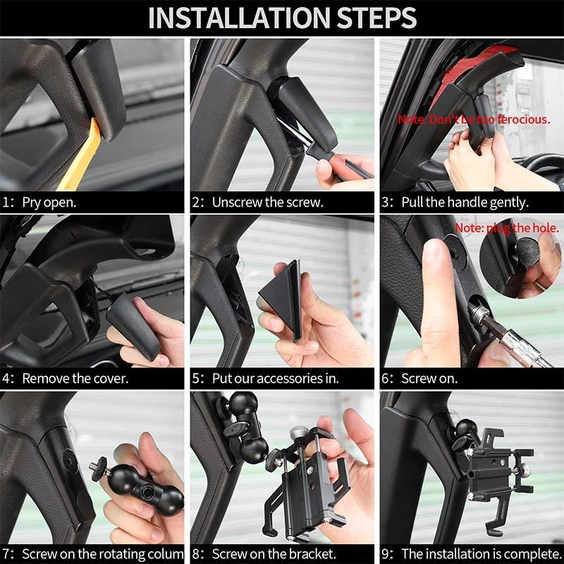 Uchwyt na telefon na słupku A, górny uchwyt, wspornik, stojak na telefon GPS, pasuje do Jeepa Wranglera JL dla JT Gladiatora 2018-2023, akcesoria do wnętrza samochodu