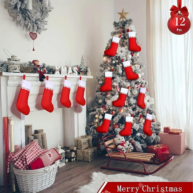 12 festive red Christmas stockings with Santa Claus and reindeer design - for holiday celebrations