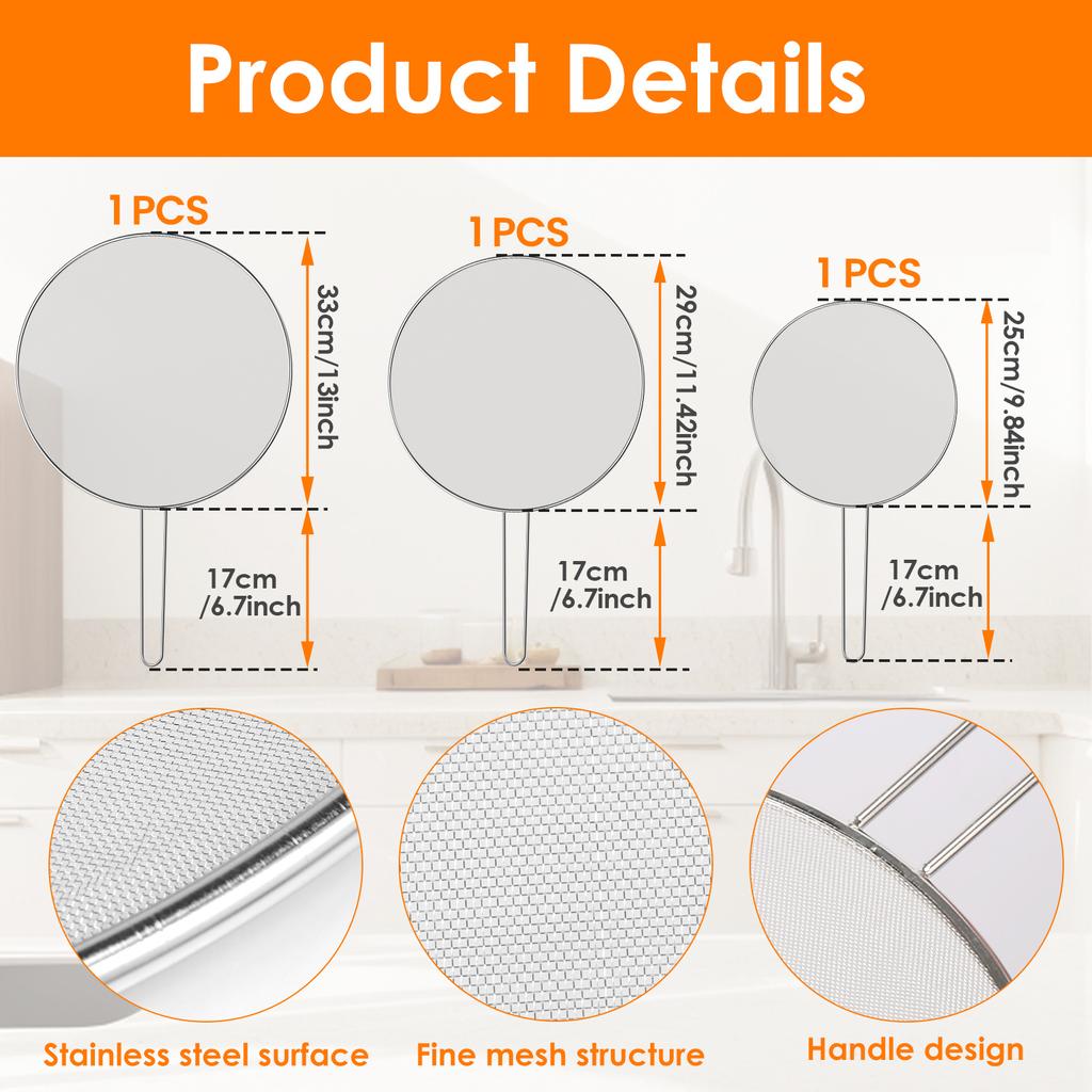 3Pcs Stainless Steel Anti Splatter Guard Oil Net Grease Splatter Screen Pan Mesh Guard Screen Splash Cover for Frying Pan Cooker