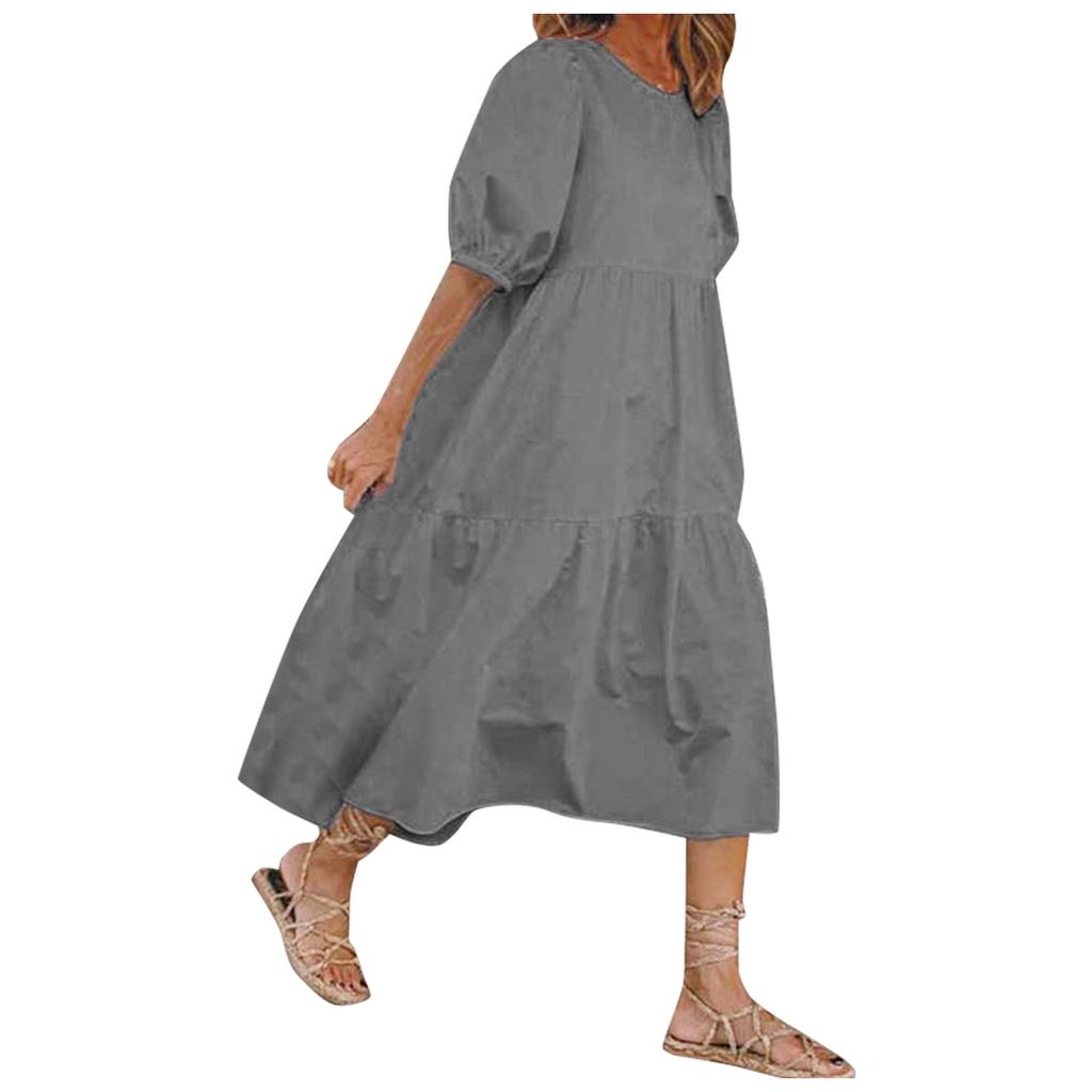 Women's Summer Casual Solid Color Puff Short-sleeve O-neck Big Swing Shirring Stitching Cotton Linen Dress