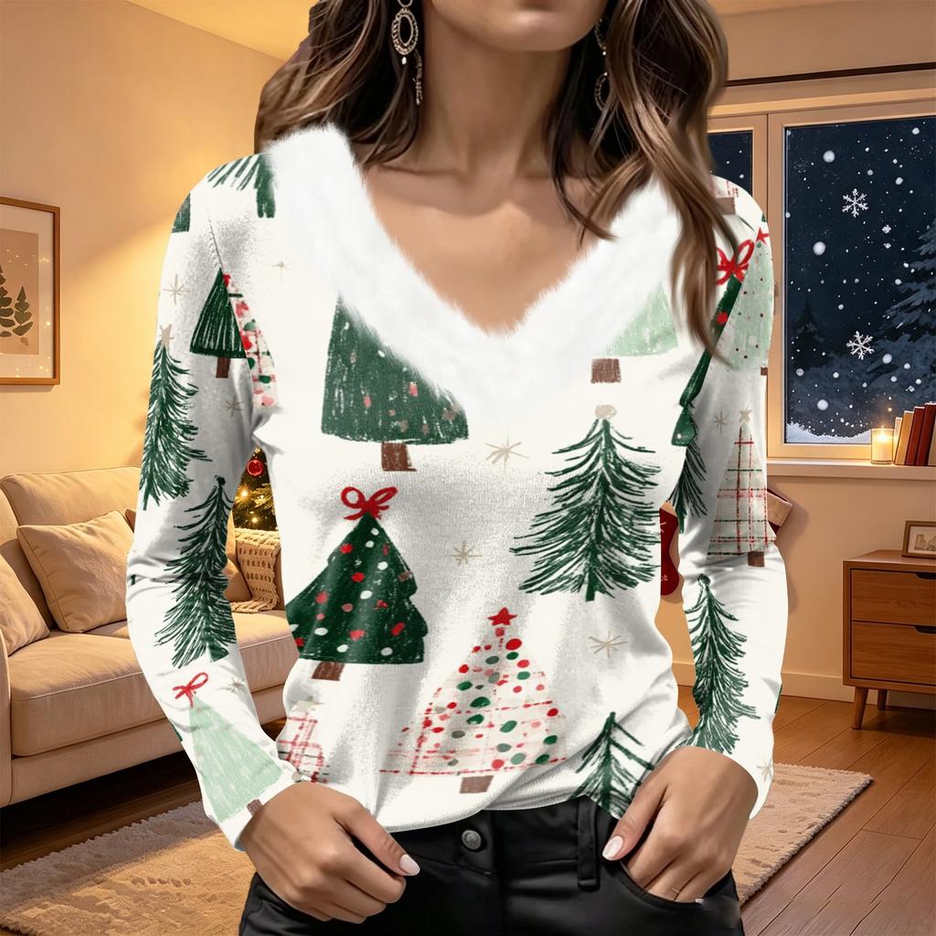Women's Long Sleeve V-Neck Plush Collar Christmas Top with Snowflake and Tree Print