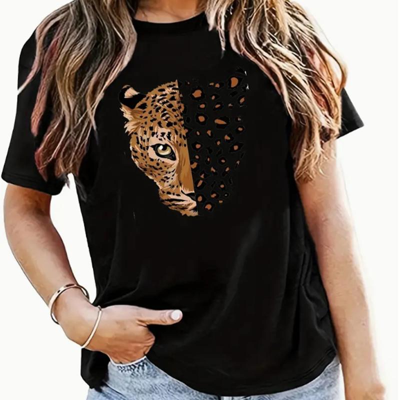 

Модная женская футболка с исчезающим леопардовым принтом, забавная повседневная футболка с круглым вырезом и короткими рукавами, летняя женская футболка XS чёрный